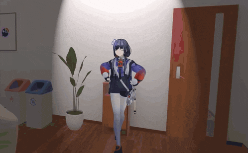 a cartoon character is standing in a room with a plant and a trash can that has the letter a on it