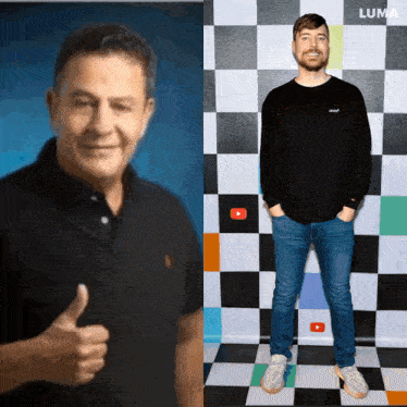 a man giving a thumbs up next to another man in front of a checkered wall