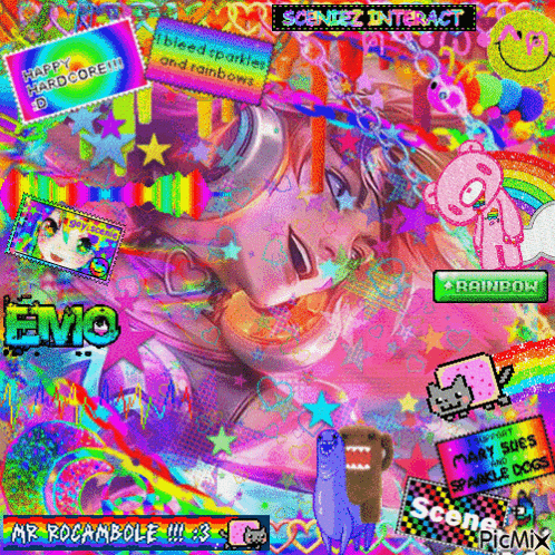 a picture of a girl with a rainbow and the word emo on the bottom