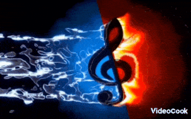 a blue treble clef is surrounded by flames and water .