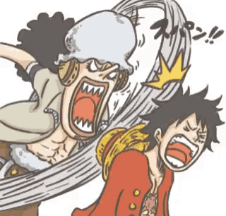 a cartoon of luffy and usopp fighting each other .