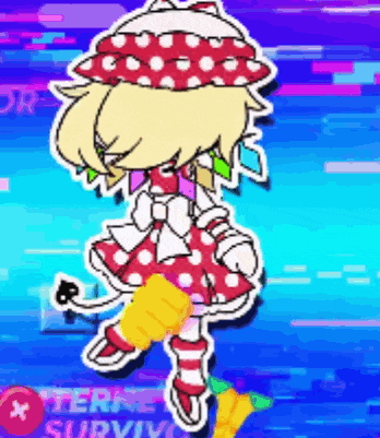 a girl in a red and white polka dot dress is holding a yellow object