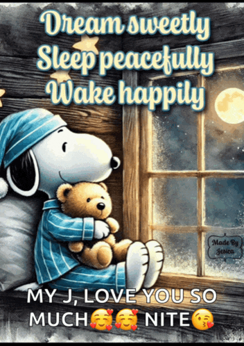 a picture of snoopy holding a teddy bear with the words " dream sweetly sleep peacefully wake happily " on it