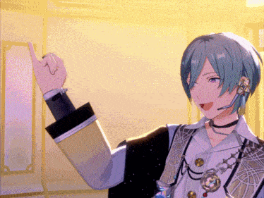 a cartoon character with blue hair and a microphone on his head