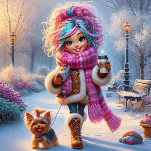 a girl with pink hair is holding a cup of coffee and walking a dog in the snow
