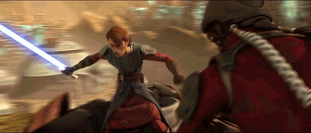 a man with a lightsaber is fighting another man