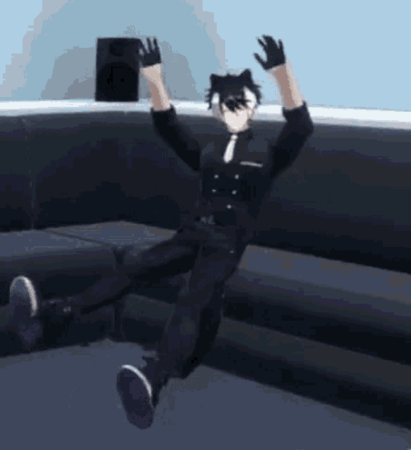 a man in a suit and tie is jumping in the air .