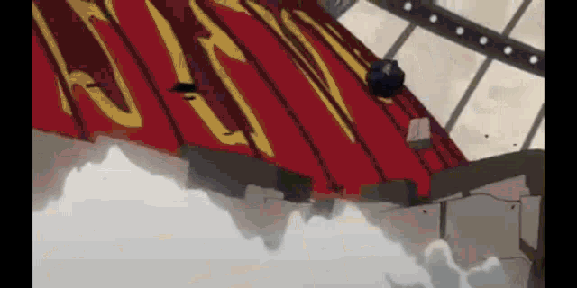 a person is standing on a red carpet in a cartoon .