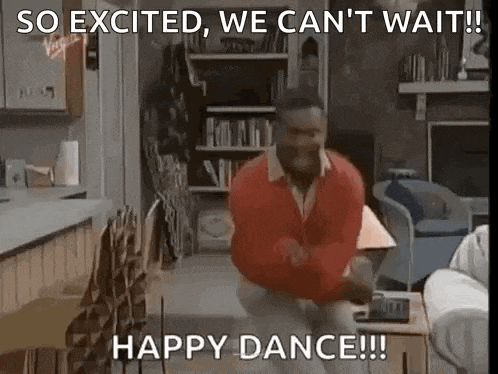 a man is dancing in a living room with the words `` so excited , we can 't wait !! happy dance !! ''