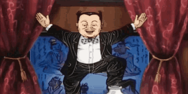 a cartoon of a man in a tuxedo standing on a table with his arms outstretched