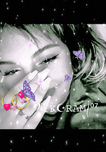 a black and white photo of a girl with the name ikram 07