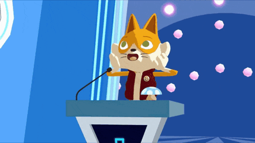 a cartoon fox is standing behind a podium with a microphone
