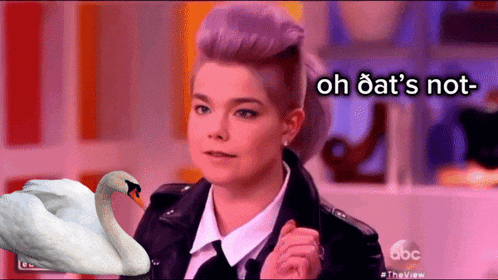a woman with purple hair is standing next to a swan and the words oh oat 's not are above her