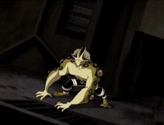 a cartoon character is standing in a dark room with his arms outstretched in a karate pose