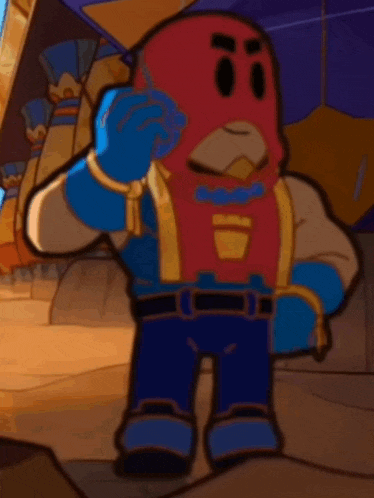 a cartoon character wearing a red mask and blue gloves is standing on a rock .
