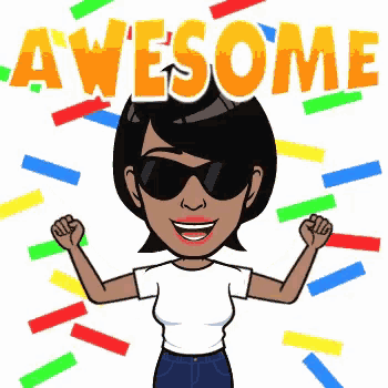 a cartoon of a woman wearing sunglasses and a white shirt with the word awesome above her head .