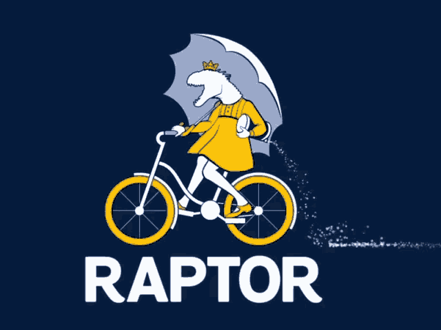 a raptor riding a bike with an umbrella on a dark blue background
