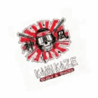 a red and white logo with a skull and two guns on it .