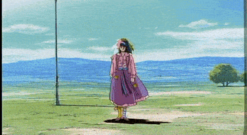 a woman in a purple dress is standing in a field with a large explosion in the background