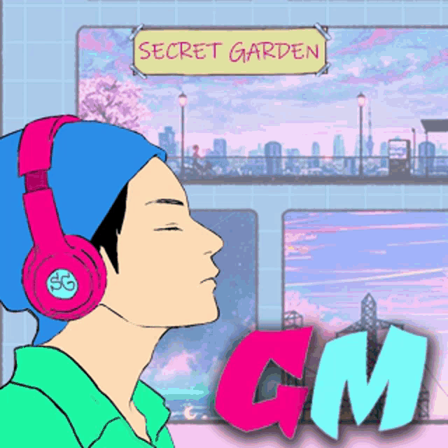 a drawing of a person wearing headphones with a sign that says secret garden on it