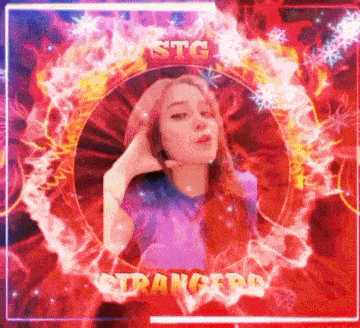 a girl with red hair is surrounded by flames and the word strangers