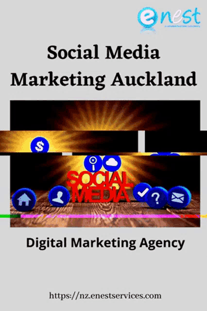 a poster for social media marketing auckland shows icons on a wooden table
