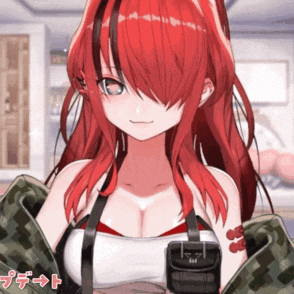 a girl with red hair is wearing a camouflage jacket and holding a camera