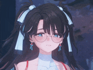 a close up of a girl wearing glasses and a red top