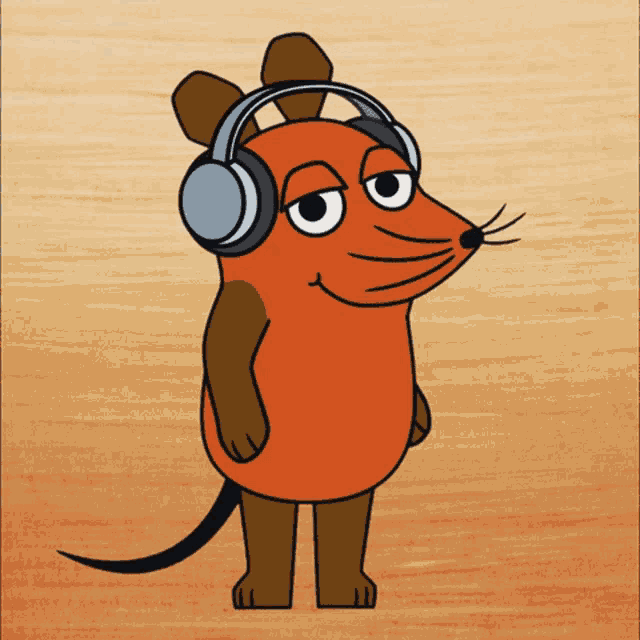 a cartoon mouse wearing headphones with a serious look on its face