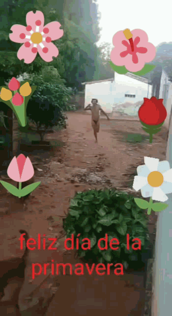 a picture of a man surrounded by flowers with the words feliz dia de la primavera