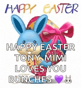 a happy easter greeting card with a blue bunny holding an easter egg .