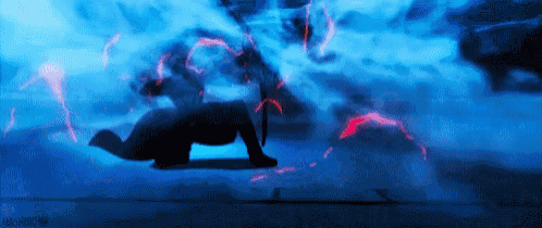 a person is riding a horse in a dark room with a blue light behind them