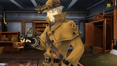 a man in a trench coat holding a pipe in a room with a very narrow screen behind him