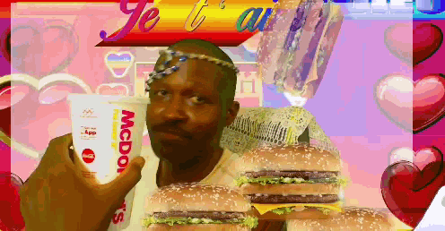 a man is holding a mcdonald 's cup in front of a bunch of hamburgers
