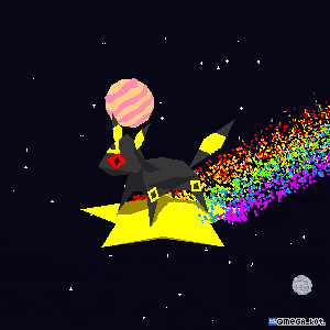 a pixel art drawing of a black cat holding a pink ball and a yellow star