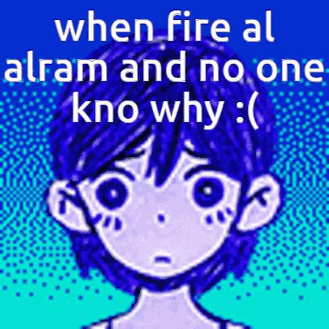 a pixel art of a boy with the words " when fire al alram and no one know why : "