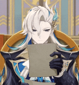 a man with long white hair is reading a piece of paper .