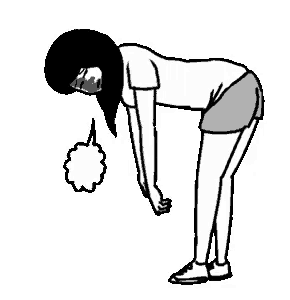a black and white cartoon of a woman bending over with a speech bubble coming out of her mouth .