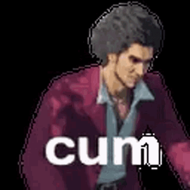 a pixel art of a man in a red jacket with the words cum written on it .