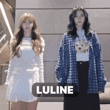 two girls are standing next to each other with the word luline in the middle