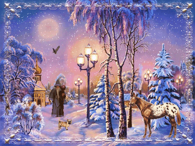 a painting of a snowy scene with a horse and a dog