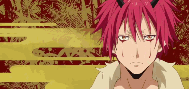 a cartoon character with red hair and horns has tears coming out of his eyes