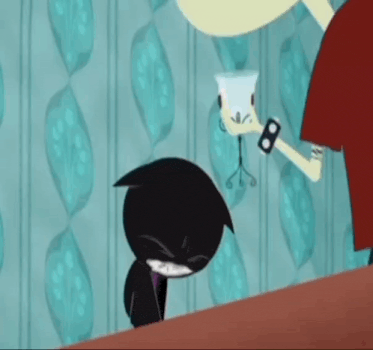 a cartoon character is standing next to a cat and holding a cup