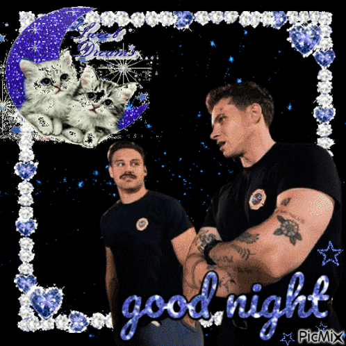 a picture of a man with the words good night written in blue