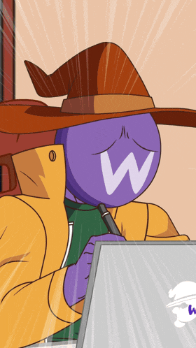 a cartoon character with a hat and a purple face with the letter w on it
