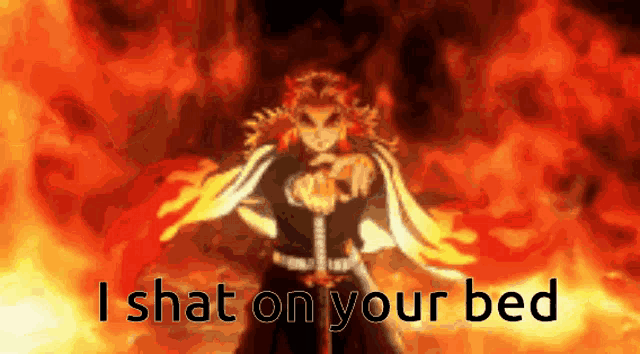 a cartoon character is standing in front of a fire and the words `` i shat on your bed '' .