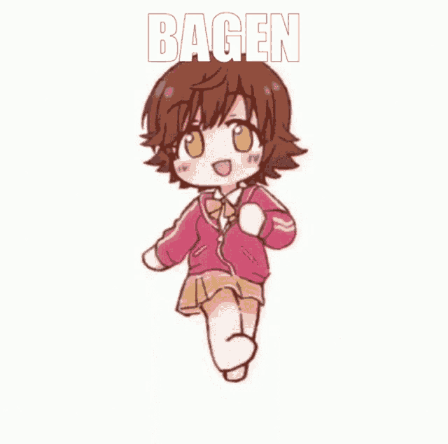 a cartoon of a girl in a pink jacket and skirt running .