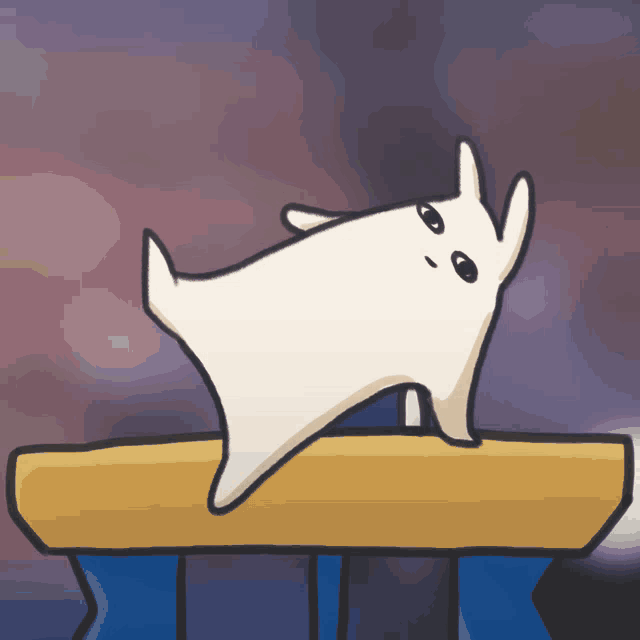 a cartoon drawing of a white rabbit sitting on a balance beam