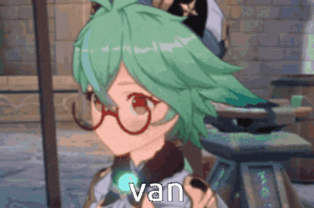 a cartoon character with green hair and glasses has the word van written on her face
