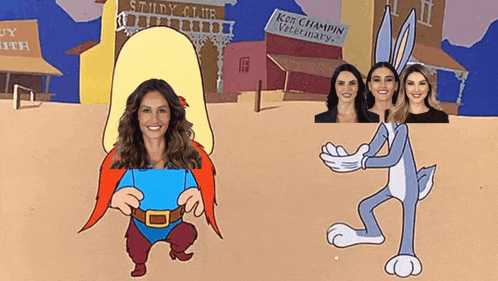 a woman in a cowboy hat is standing next to a cartoon bunny